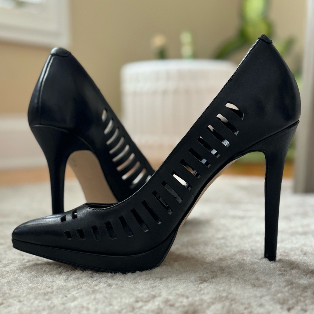 BCBG BG Lanie Platform Heel Black Leather Cutouts